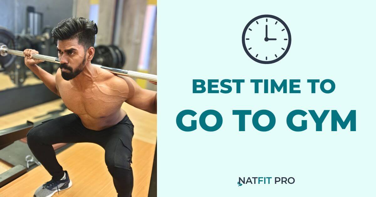 A muscular man (Tamil) performing a barbell squat, with a clock icon and the text "Best Time to Go to the Gym" overlaid, representing workout timing.