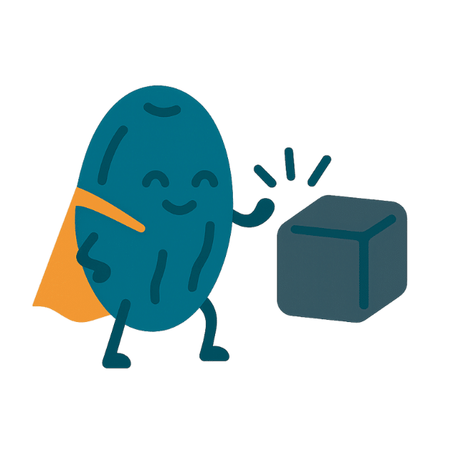 Flat 2D icon of a smiling date wearing a bright orange cape, blocking a sugar cube. Represents dried fruits helping to curb sugar cravings.