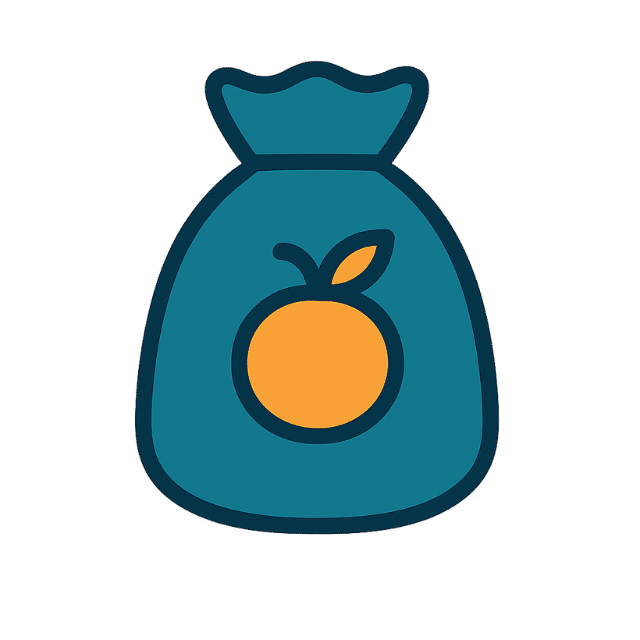 Minimalist vector icon of a teal pouch with an orange fruit symbol on the front, representing convenience.