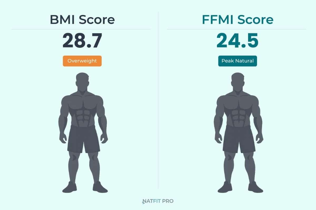 BMI vs FFMI comparison: same 200 lb, 5'10" muscular man labeled overweight at 28.7 BMI but Peak Natural tier at 24.5 normalized FFMI