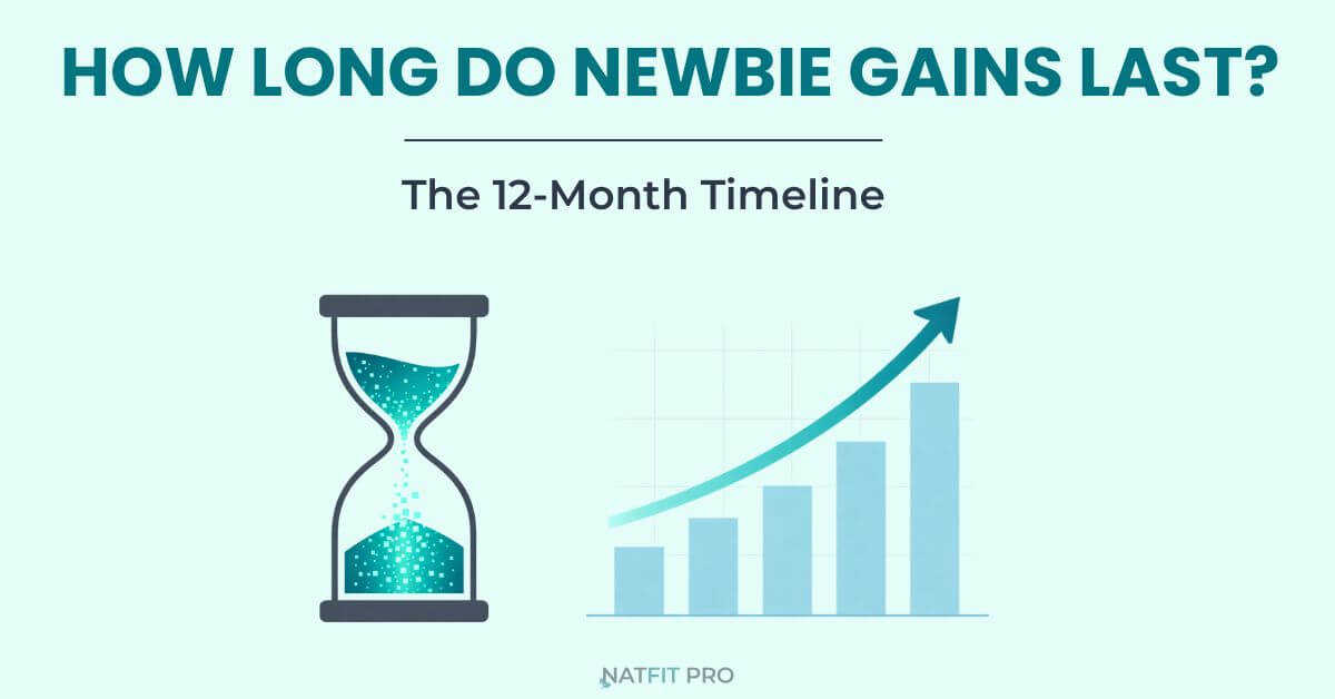 Illustration of an hourglass and rising growth chart representing the 12-month newbie gains timeline.