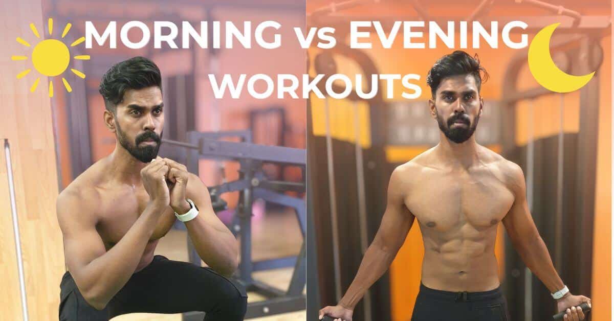 Split image showing morning and evening gym workouts - cool blue sunrise tone on the left and warm orange evening tone on the right, representing morning vs evening workouts timing comparison for Natfit Pro.