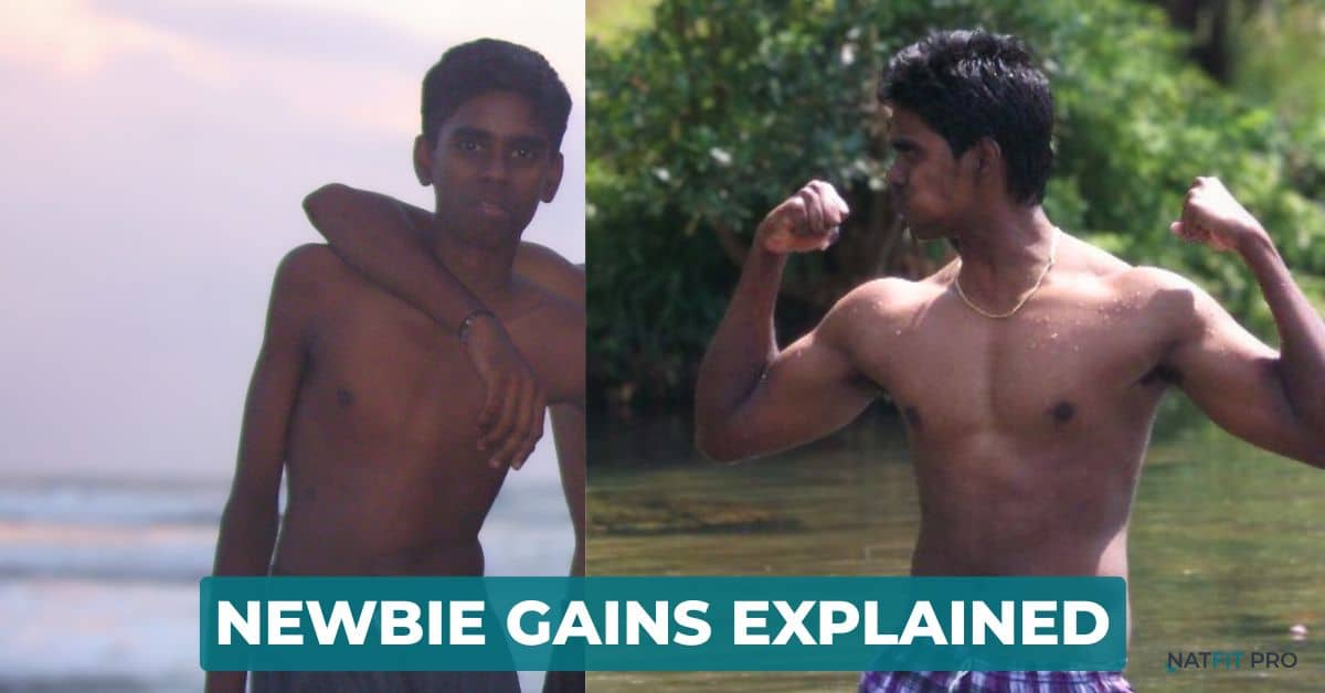 Before and after photo showing Tamil from Natfit Pro's newbie gains transformation, with text overlay "Unlock Your Newbie Gains".