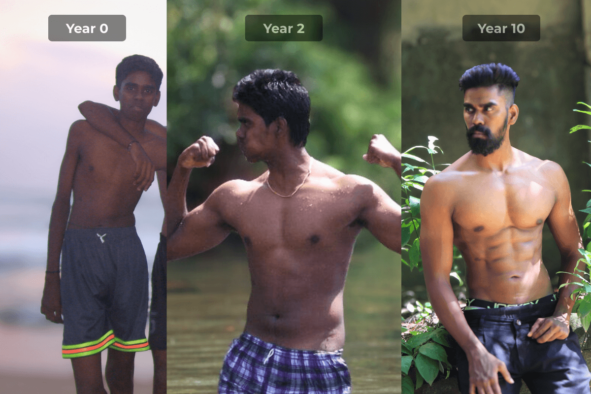 Side-by-side comparison of a 10-year natural fitness transformation. Left: Skinny ectomorph at Year 0. Center: Significant muscle growth at Year 2. Right: Peak natural physique at Year 10.