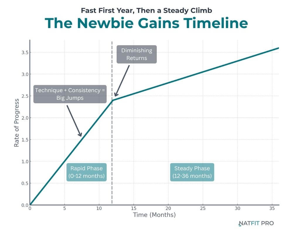 Graph showing the typical timeline of newbie gains, with a rapid rate of progress for the first 0-12 months followed by a slower, steady rate of progress.