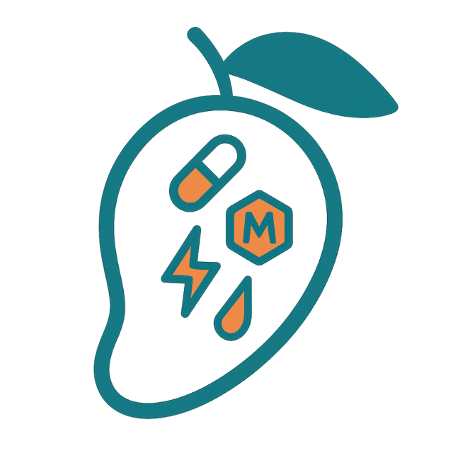 Icon of a mango filled with nutrient symbols, representing how fruits provide nutrient-rich fuel for the body.