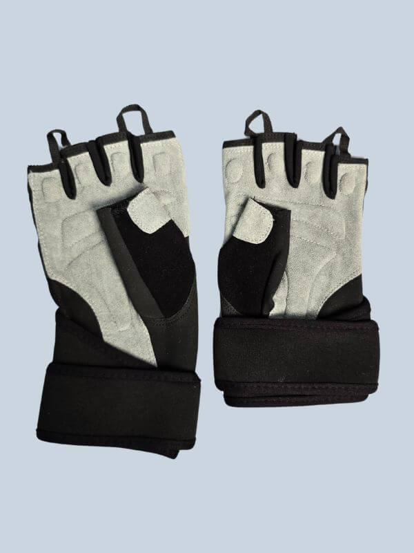 Pair of black and gray lifting gloves designed for weight training, placed on a light background.