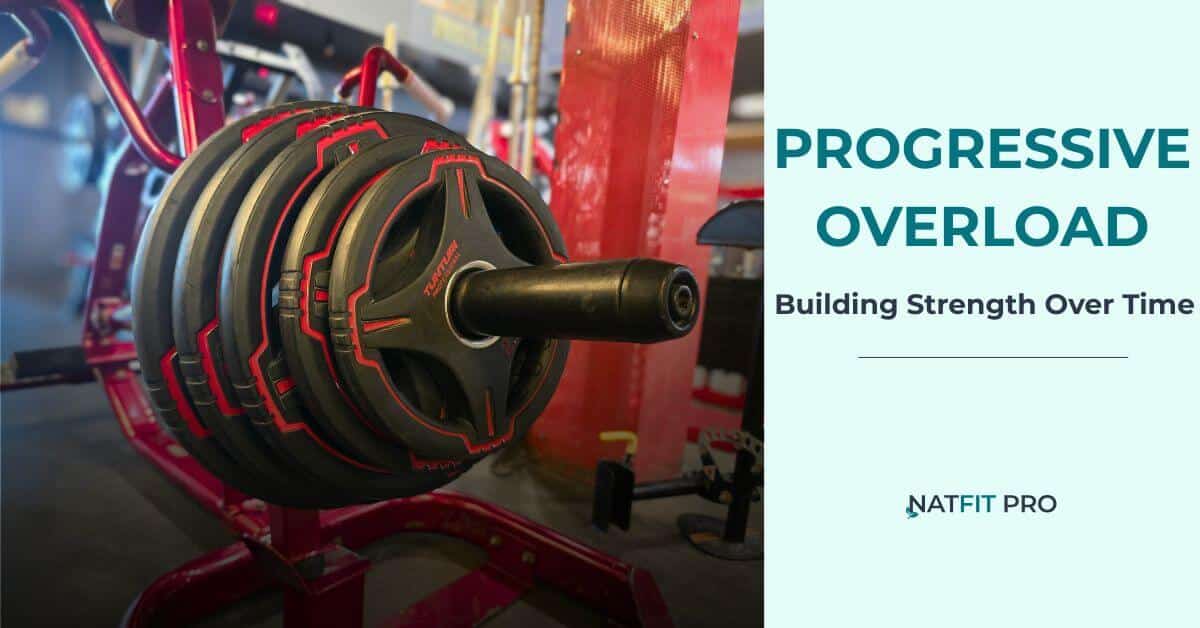 A close-up photo of a barbell loaded with weight plates, with the text "Progressive Overload: Building Strength Over Time" overlaid.