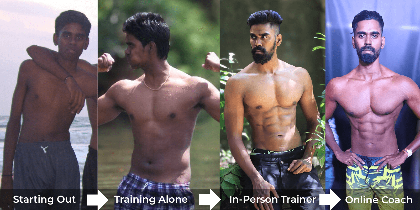 A 4-stage fitness transformation photo illustrating the different results from training alone, with an in-person personal trainer, and with an online coach.