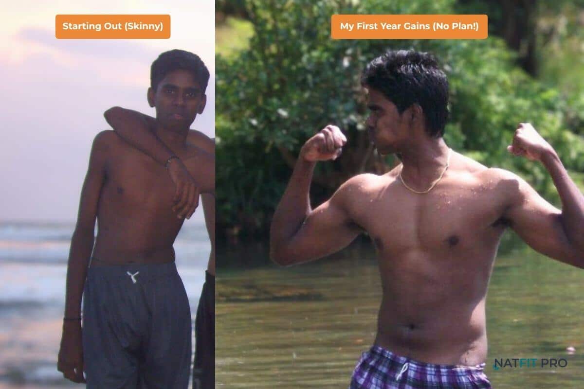 tamil-arasan-newbie-gains-transformation Before and after natural body transformation photos of a skinny hardgainer building muscle. Shows the result of the newbie gains window despite imperfect training.