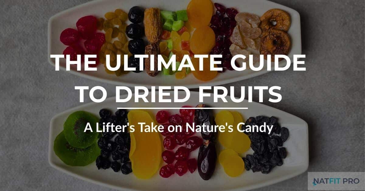 A vibrant flat lay of 12 different types of dried fruits on two white platters, for a guide to healthy dried fruits.